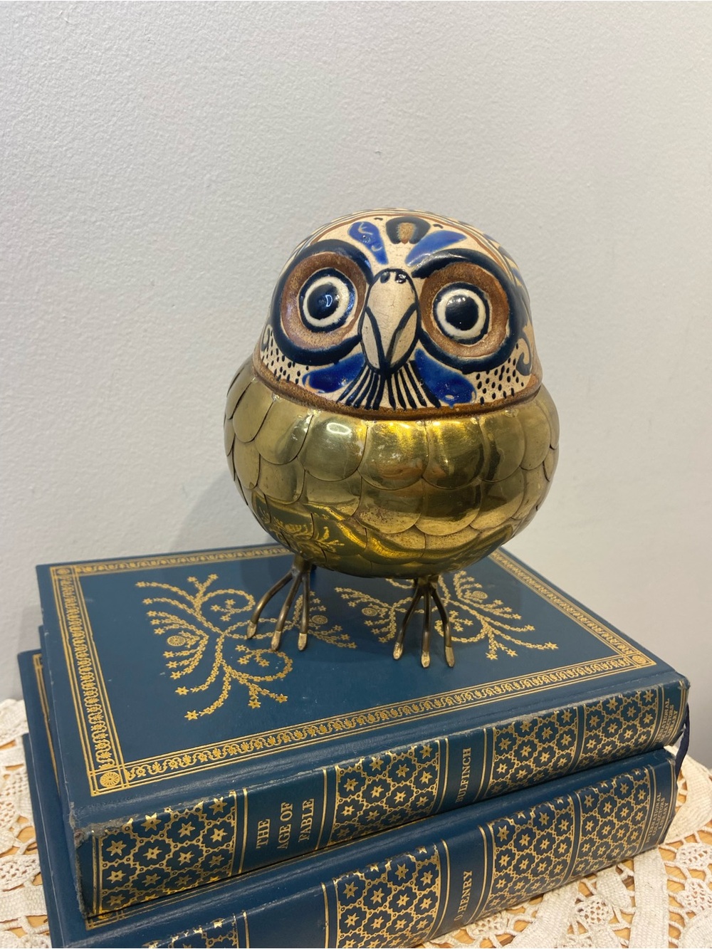 Vintage Brass and Ceramic Owl Mexican Tonala Sculpture Signed